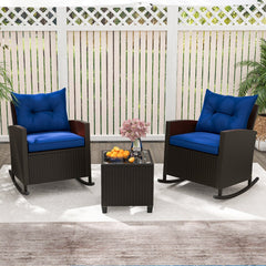 3 Piece Patio Rattan Rocking Chair Set, 2 Dark Brown Wicker Rockers Rated 400 lb with Blue Cushions and an 18 in Glass Top Table