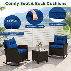 3 Piece Patio Rattan Rocking Chair Set, 2 Dark Brown Wicker Rockers Rated 400 lb with Blue Cushions and an 18 in Glass Top Table
