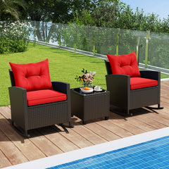 3 Piece Patio Rattan Rocking Chair Set, 2 Dark Brown Wicker Rockers Rated 400 lb with Red Cushions and an 18 in Glass Top Table