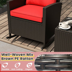 3 Piece Patio Rattan Rocking Chair Set, 2 Dark Brown Wicker Rockers Rated 400 lb with Red Cushions and an 18 in Glass Top Table