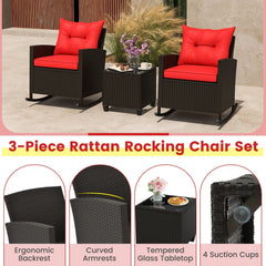 3 Piece Patio Rattan Rocking Chair Set, 2 Dark Brown Wicker Rockers Rated 400 lb with Red Cushions and an 18 in Glass Top Table