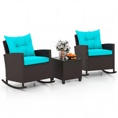 3 Piece Patio Rattan Rocking Chair Set, 2 Dark Brown Wicker Rockers Rated 400 lb with Turquoise Cushions and an 18 in Glass Top Table