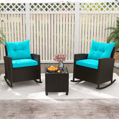 3 Piece Patio Rattan Rocking Chair Set, 2 Dark Brown Wicker Rockers Rated 400 lb with Turquoise Cushions and an 18 in Glass Top Table