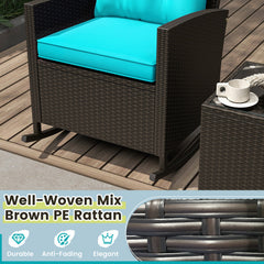 3 Piece Patio Rattan Rocking Chair Set, 2 Dark Brown Wicker Rockers Rated 400 lb with Turquoise Cushions and an 18 in Glass Top Table