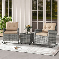 3 Piece Patio Rattan Rocking Chair Set, 2 Mix Grey Wicker Rockers Rated 400 lb with Tan Cushions and an 18 in Glass Top Table