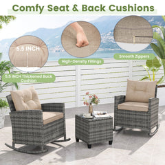 3 Piece Patio Rattan Rocking Chair Set, 2 Mix Grey Wicker Rockers Rated 400 lb with Tan Cushions and an 18 in Glass Top Table