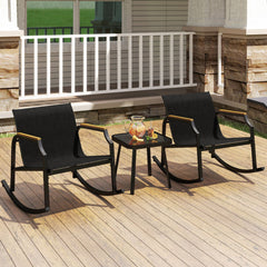 3 Piece Patio Rocking Bistro Set, 2 Sling Rockers Rated 330 lb with 22 in Seats, Wood Plastic Armrests and Glass Top Table, Black