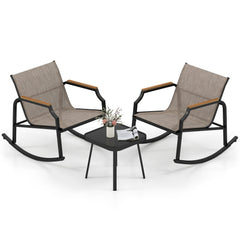 3 Piece Patio Rocking Bistro Set, 2 Sling Rockers Rated 330 lb with 22 in Seats, Wood Plastic Armrests and Glass Top Table, Brown