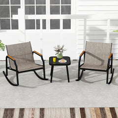 3 Piece Patio Rocking Bistro Set, 2 Sling Rockers Rated 330 lb with 22 in Seats, Wood Plastic Armrests and Glass Top Table, Brown