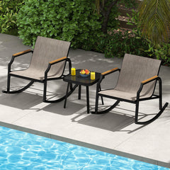 3 Piece Patio Rocking Bistro Set, 2 Sling Rockers Rated 330 lb with 22 in Seats, Wood Plastic Armrests and Glass Top Table, Brown