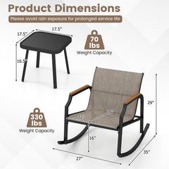 3 Piece Patio Rocking Bistro Set, 2 Sling Rockers Rated 330 lb with 22 in Seats, Wood Plastic Armrests and Glass Top Table, Brown