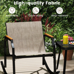 3 Piece Patio Rocking Bistro Set, 2 Sling Rockers Rated 330 lb with 22 in Seats, Wood Plastic Armrests and Glass Top Table, Brown