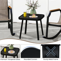 3 Piece Patio Rocking Bistro Set, 2 Sling Rockers Rated 330 lb with 22 in Seats, Wood Plastic Armrests and Glass Top Table, Brown
