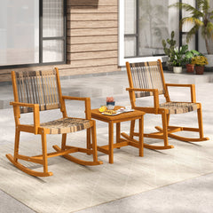 3 Piece Acacia Wood Rocking Bistro Set, 2 Rockers Rated 400 lb with Woven Round PE Rattan Seats and 18 in Slatted Side Table