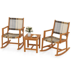 3 Piece Acacia Wood Rocking Bistro Set, 2 Rockers Rated 400 lb with Woven Round PE Rattan Seats and 18 in Slatted Side Table