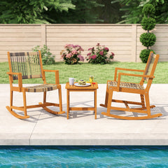 3 Piece Acacia Wood Rocking Bistro Set, 2 Rockers Rated 400 lb with Woven Round PE Rattan Seats and 18 in Slatted Side Table