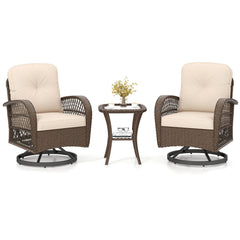 3 Piece Patio Swivel Rocker Set with Tempered Glass Side Table and Thick Cushions-Brown
