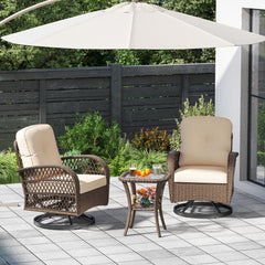 3 Piece Patio Swivel Rocker Set with Tempered Glass Side Table and Thick Cushions-Brown