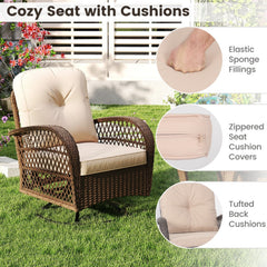 3 Piece Patio Swivel Rocker Set with Tempered Glass Side Table and Thick Cushions-Brown