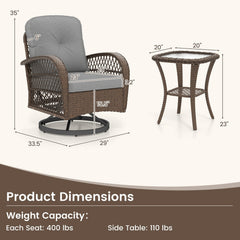 3 Piece Patio Swivel Rocker Set with Tempered Glass Side Table and Thick Cushions-Gray
