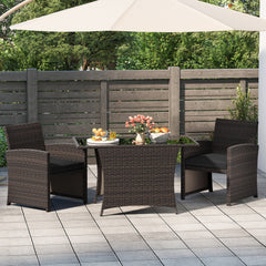 3 Piece Patio Wicker Dining Set, 2 Armchairs Rated 400 lb with Grey Cushions and 44 in Rectangular Tempered Glass Table