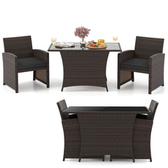 3 Piece Patio Wicker Dining Set, 2 Armchairs Rated 400 lb with Grey Cushions and 44 in Rectangular Tempered Glass Table