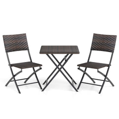 3 Piece Folding Rattan Bistro Set, 2 Folding Chairs Rated 400 lb with Woven Seats and 24 in Square Woven Table