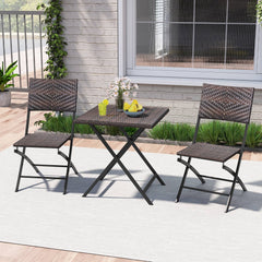 3 Piece Folding Rattan Bistro Set, 2 Folding Chairs Rated 400 lb with Woven Seats and 24 in Square Woven Table