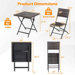 3 Piece Folding Rattan Bistro Set, 2 Folding Chairs Rated 400 lb with Woven Seats and 24 in Square Woven Table