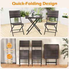 3 Piece Folding Rattan Bistro Set, 2 Folding Chairs Rated 400 lb with Woven Seats and 24 in Square Woven Table