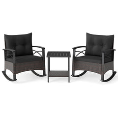 3 Piece Rocking Bistro Set, 2 PE Rattan Rockers Rated 400 lb with Black Cushions and Slatted Acacia Top 2 Tier Table