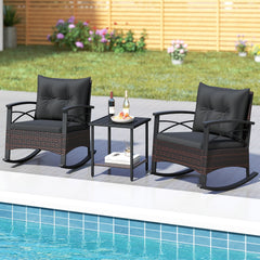 3 Piece Rocking Bistro Set, 2 PE Rattan Rockers Rated 400 lb with Black Cushions and Slatted Acacia Top 2 Tier Table