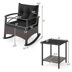 3 Piece Rocking Bistro Set, 2 PE Rattan Rockers Rated 400 lb with Black Cushions and Slatted Acacia Top 2 Tier Table