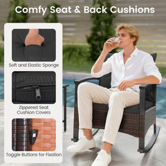 3 Piece Rocking Bistro Set, 2 PE Rattan Rockers Rated 400 lb with Black Cushions and Slatted Acacia Top 2 Tier Table
