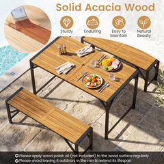 51 inches Acacia Wood Dining Table with Umbrella Hole & Metal Support for Garden