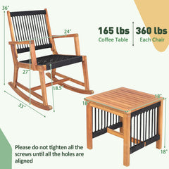 3 Piece Acacia Wood Rocking Bistro Set, 2 Rockers Rated 360 lb with Hand Woven Plastic Rope Seats and 18 in Slatted Table