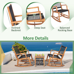 3 Piece Acacia Wood Rocking Bistro Set, 2 Rockers Rated 360 lb with Hand Woven Plastic Rope Seats and 18 in Slatted Table