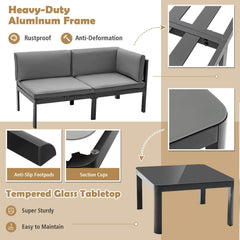 3 Piece Aluminum Patio Sofa Set, 84.5 Inch 3 Seat Sofa with 6 Level Reclining Back, Loveseat and Glass Table, Grey
