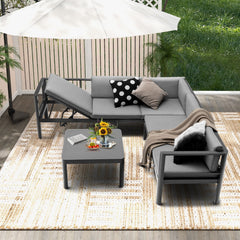 3 Piece Aluminum Patio Sofa Set, 84.5 Inch 3 Seat Sofa with 6 Level Reclining Back, Loveseat and Glass Table, Grey