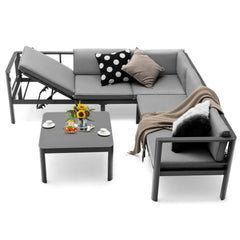 3 Piece Aluminum Patio Sofa Set, 84.5 Inch 3 Seat Sofa with 6 Level Reclining Back, Loveseat and Glass Table, Grey
