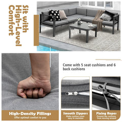 3 Piece Aluminum Patio Sofa Set, 84.5 Inch 3 Seat Sofa with 6 Level Reclining Back, Loveseat and Glass Table, Grey