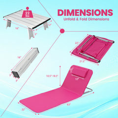 3 Pieces Beach Lounge Chair Mat Set 2 Adjustable Lounge Chairs with Table Stripe-Pink