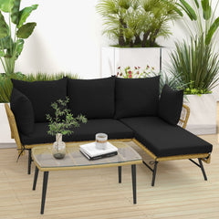3 Piece L Shaped Patio Sofa Set, 50 in Loveseat, 51.5 in Lounger and 36.5 in Tempered Glass Coffee Table, Khaki Rattan, Black Cushions