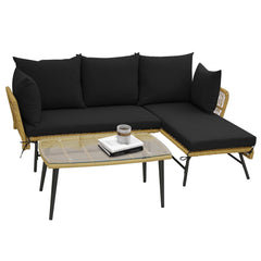 3 Piece L Shaped Patio Sofa Set, 50 in Loveseat, 51.5 in Lounger and 36.5 in Tempered Glass Coffee Table, Khaki Rattan, Black Cushions