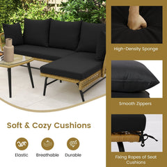 3 Piece L Shaped Patio Sofa Set, 50 in Loveseat, 51.5 in Lounger and 36.5 in Tempered Glass Coffee Table, Khaki Rattan, Black Cushions
