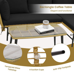3 Piece L Shaped Patio Sofa Set, 50 in Loveseat, 51.5 in Lounger and 36.5 in Tempered Glass Coffee Table, Khaki Rattan, Black Cushions