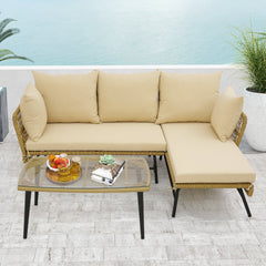 3 Piece L Shaped Patio Sofa Set, 50 in Loveseat, 51.5 in Lounger and 36.5 in Tempered Glass Coffee Table, Khaki Rattan, Beige Cushions