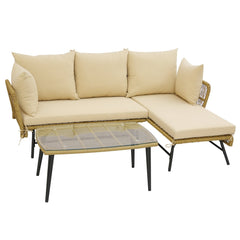 3 Piece L Shaped Patio Sofa Set, 50 in Loveseat, 51.5 in Lounger and 36.5 in Tempered Glass Coffee Table, Khaki Rattan, Beige Cushions