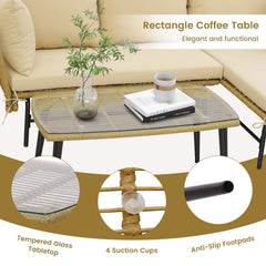 3 Piece L Shaped Patio Sofa Set, 50 in Loveseat, 51.5 in Lounger and 36.5 in Tempered Glass Coffee Table, Khaki Rattan, Beige Cushions