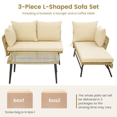 3 Piece L Shaped Patio Sofa Set, 50 in Loveseat, 51.5 in Lounger and 36.5 in Tempered Glass Coffee Table, Khaki Rattan, Beige Cushions